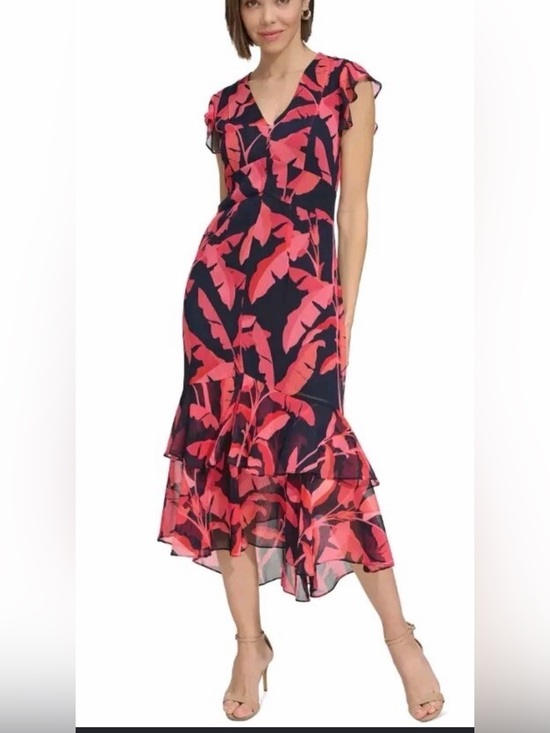 Tommy Hilfiger Dresses & Skirts - Tommy Hilfiger Floral Print Ruffle Sleeve Dress Navy Pink Red Size 12